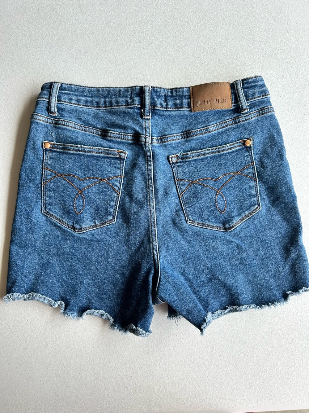 Judy Blue High Rise Raw Hem Embroidered Pocket Denim Shorts Size XL